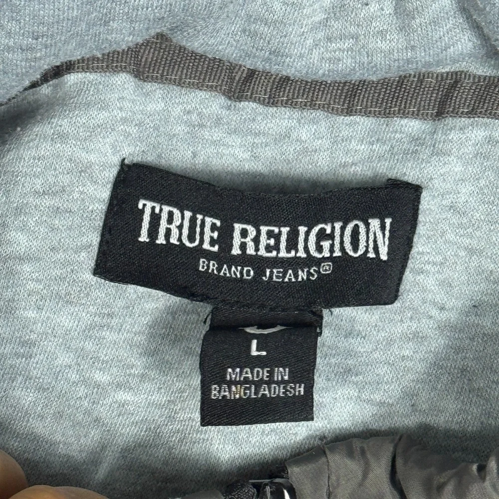True Religion Mens Puffer Vest Jacket Gray Full-Zip Embroidered Logo Mock Neck L